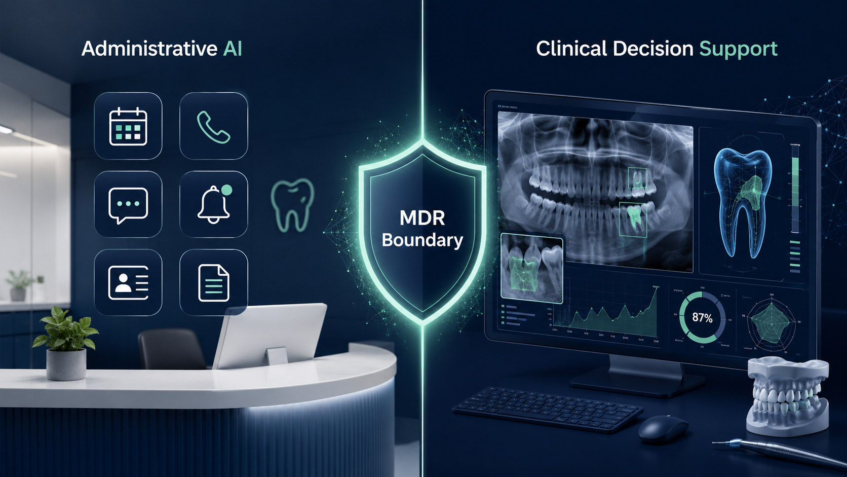 Split illustration contrasting administrative AI at a dental reception with clinical decision-support AI on a diagnostic dashboard, divided by an MDR boundary shield
