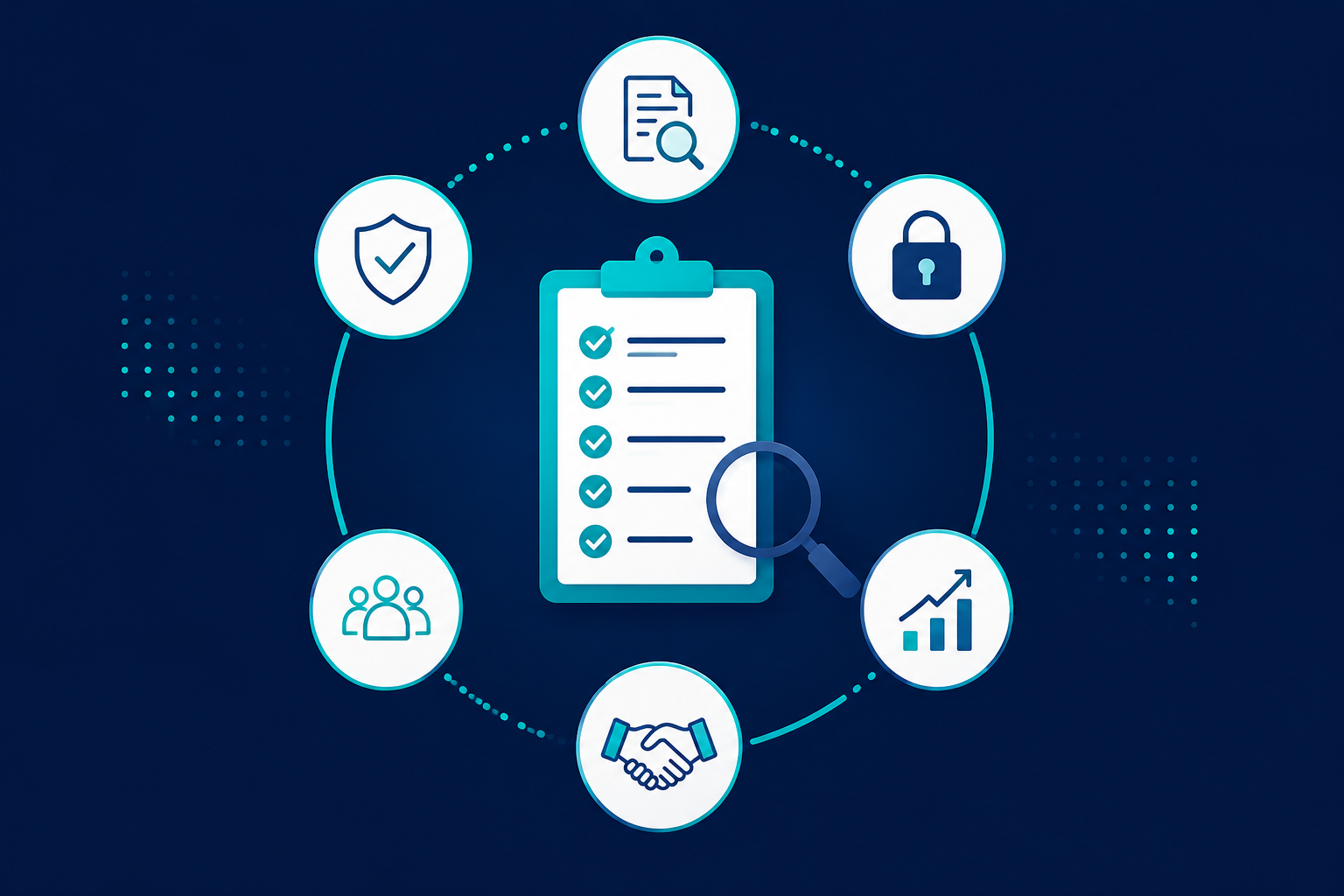 Vendor due diligence framework: checklist surrounded by icons for security, compliance, people, growth and trust