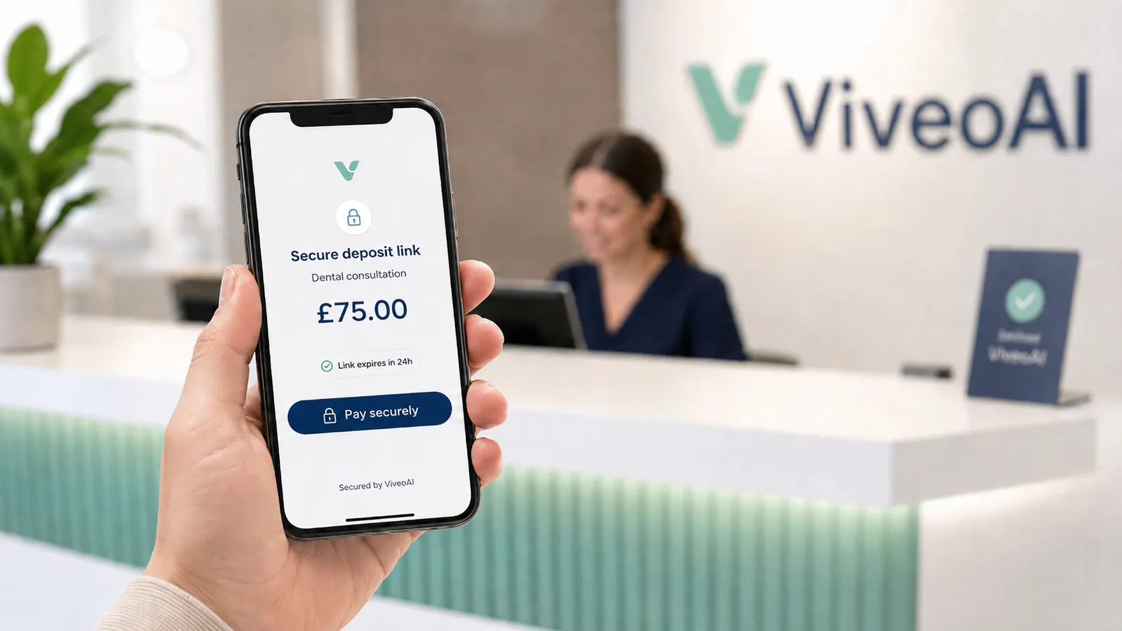Patient holding a phone showing a secure ViveoAI deposit-payment link for a £75 dental consultation in front of a practice reception desk