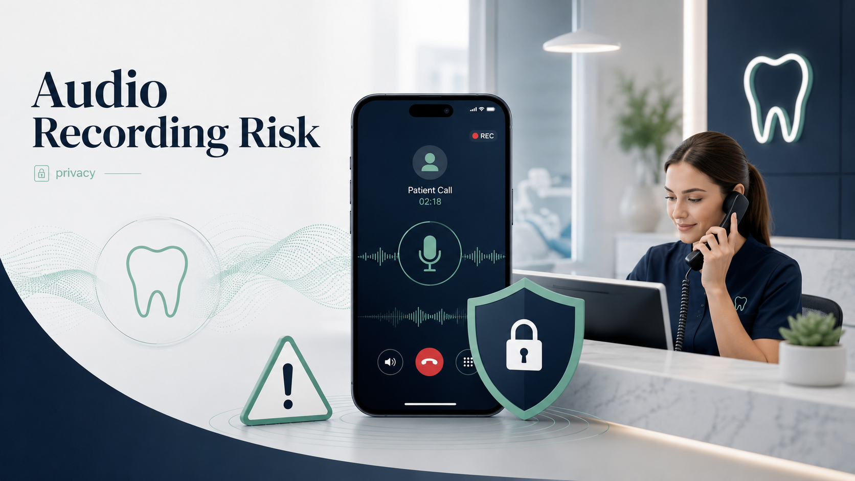 Dental receptionist on a phone call with a smartphone showing a recorded patient call and a privacy shield, illustrating audio recording risk
