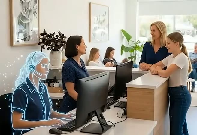 ViveoAI receptionist handling patient calls while the dental team assists patients