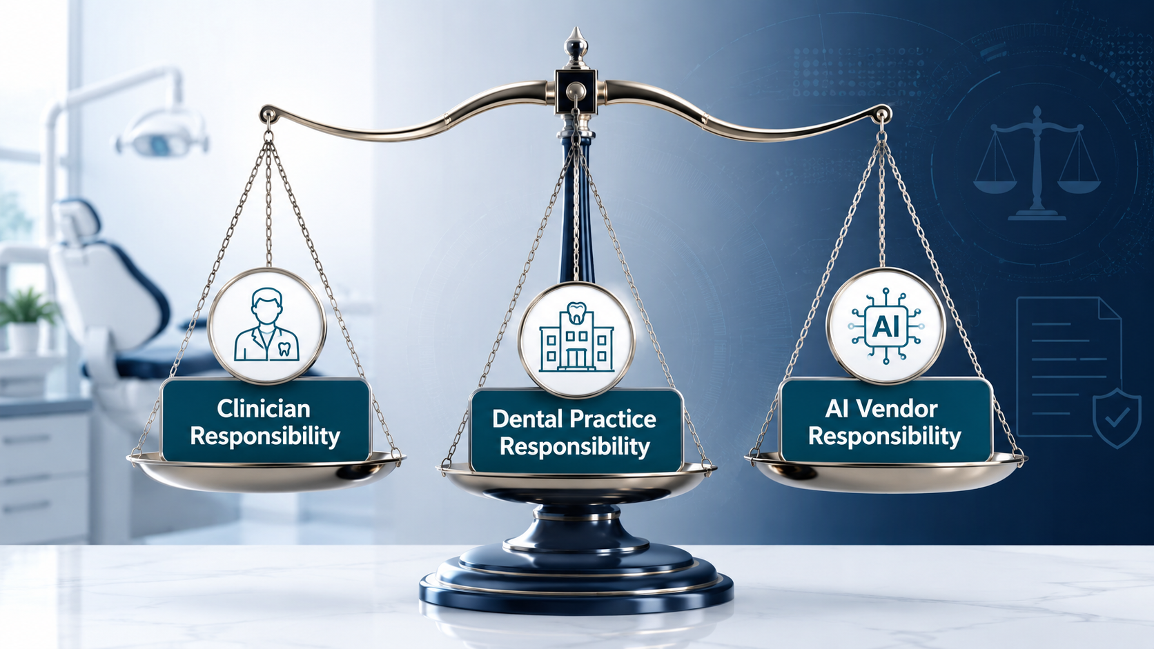 Scales of justice balancing clinician responsibility, dental practice responsibility and AI vendor responsibility