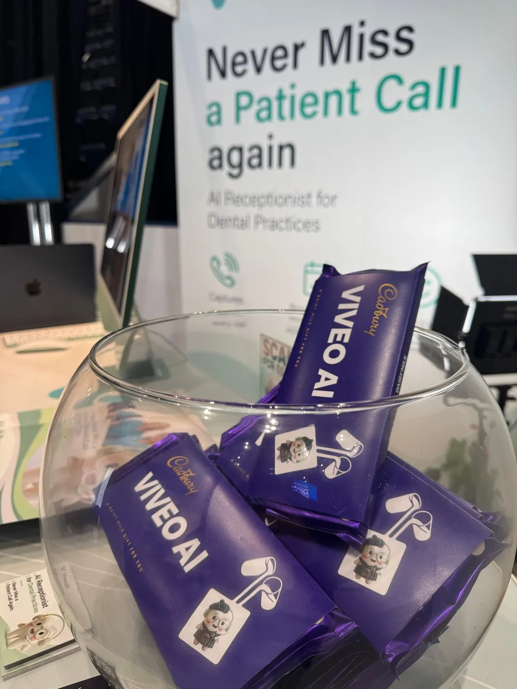 Custom ViveoAI branded Cadbury chocolate bars at the Scottish Dental Show 2026 stand