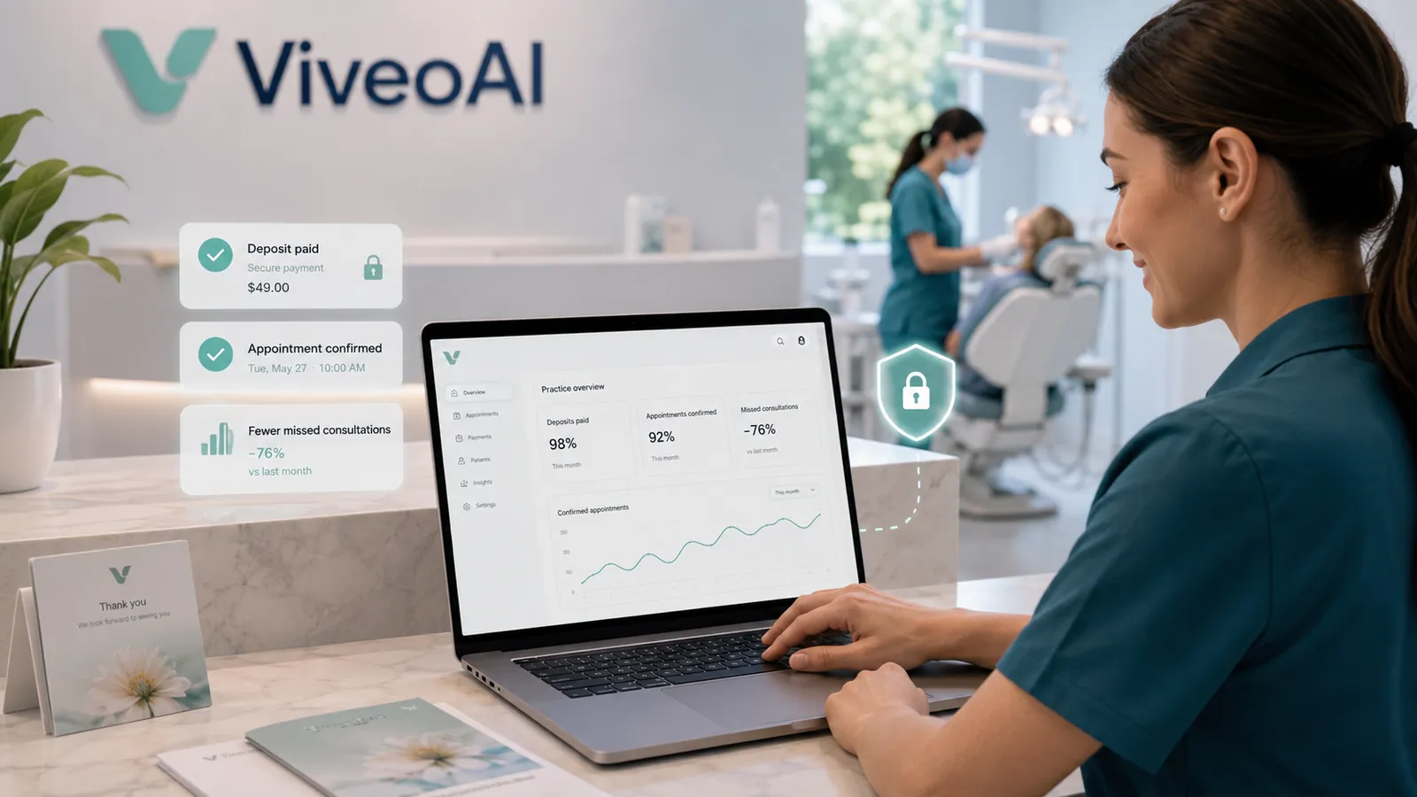 Dental practice manager viewing a ViveoAI dashboard showing deposits paid, appointments confirmed and a 76 percent reduction in missed consultations