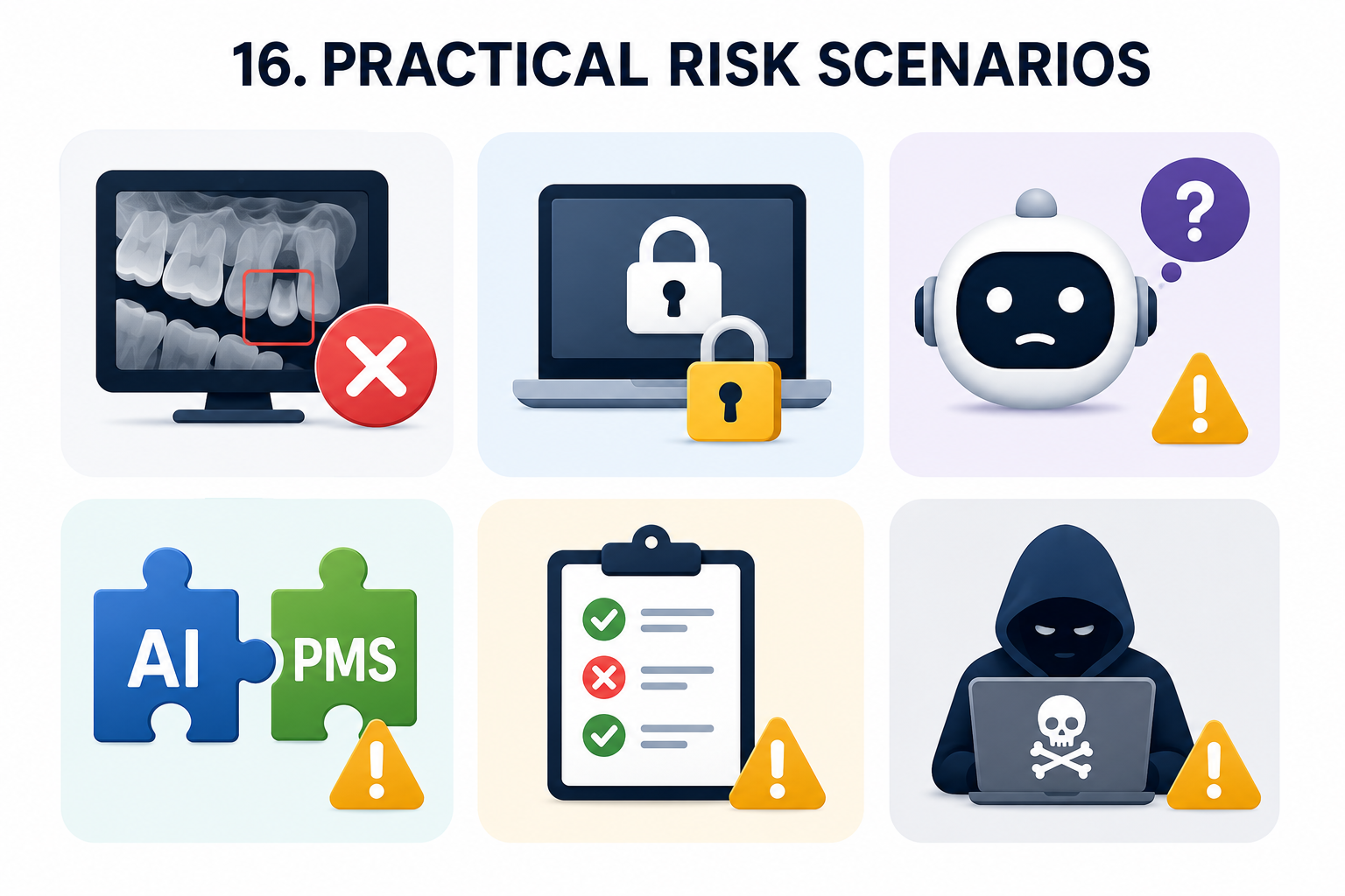 Six practical risk scenarios in dental AI use