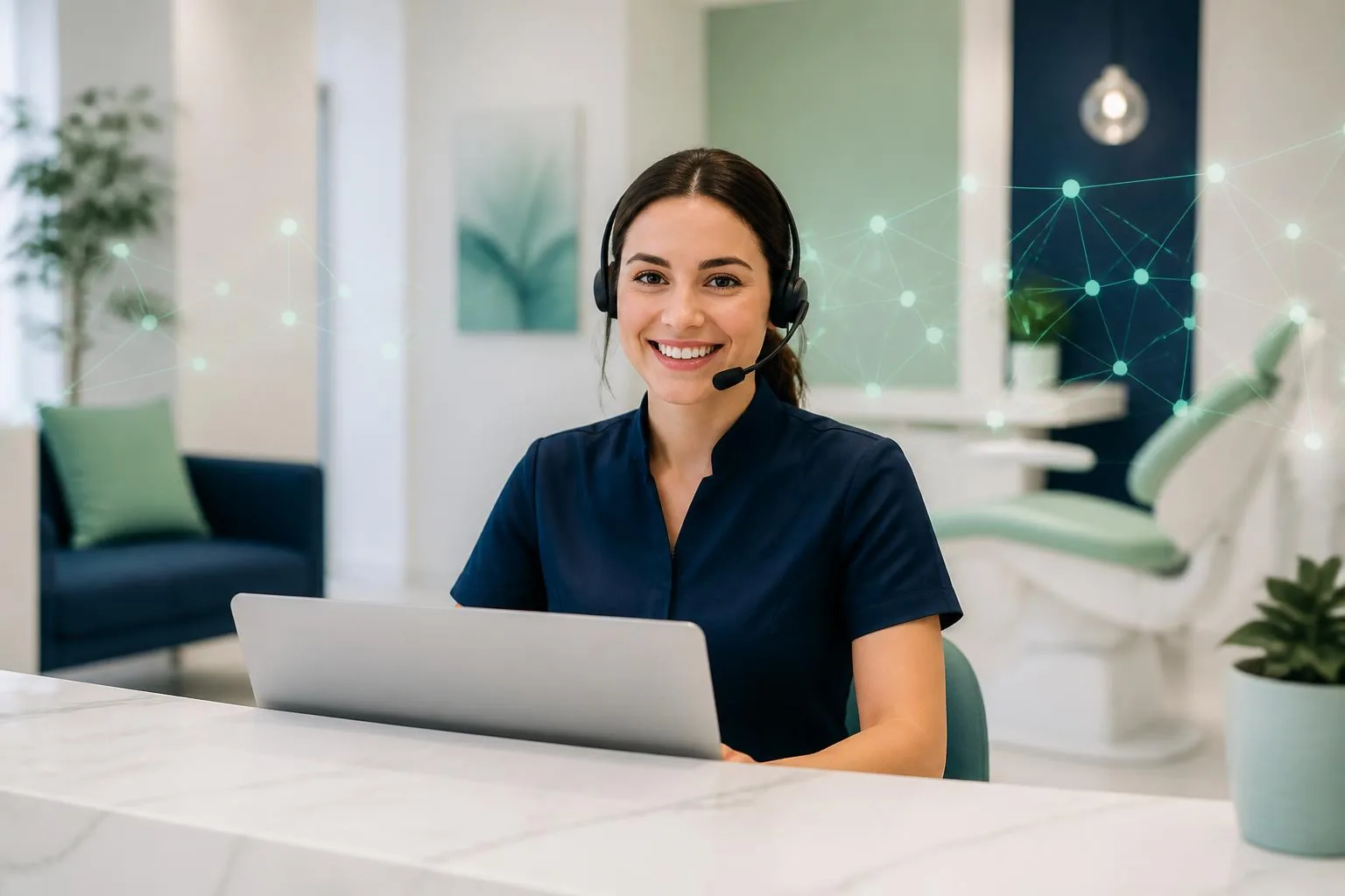 A dental receptionist working at a modern practice front desk, supported by subtle AI technology in ViveoAI brand colours
