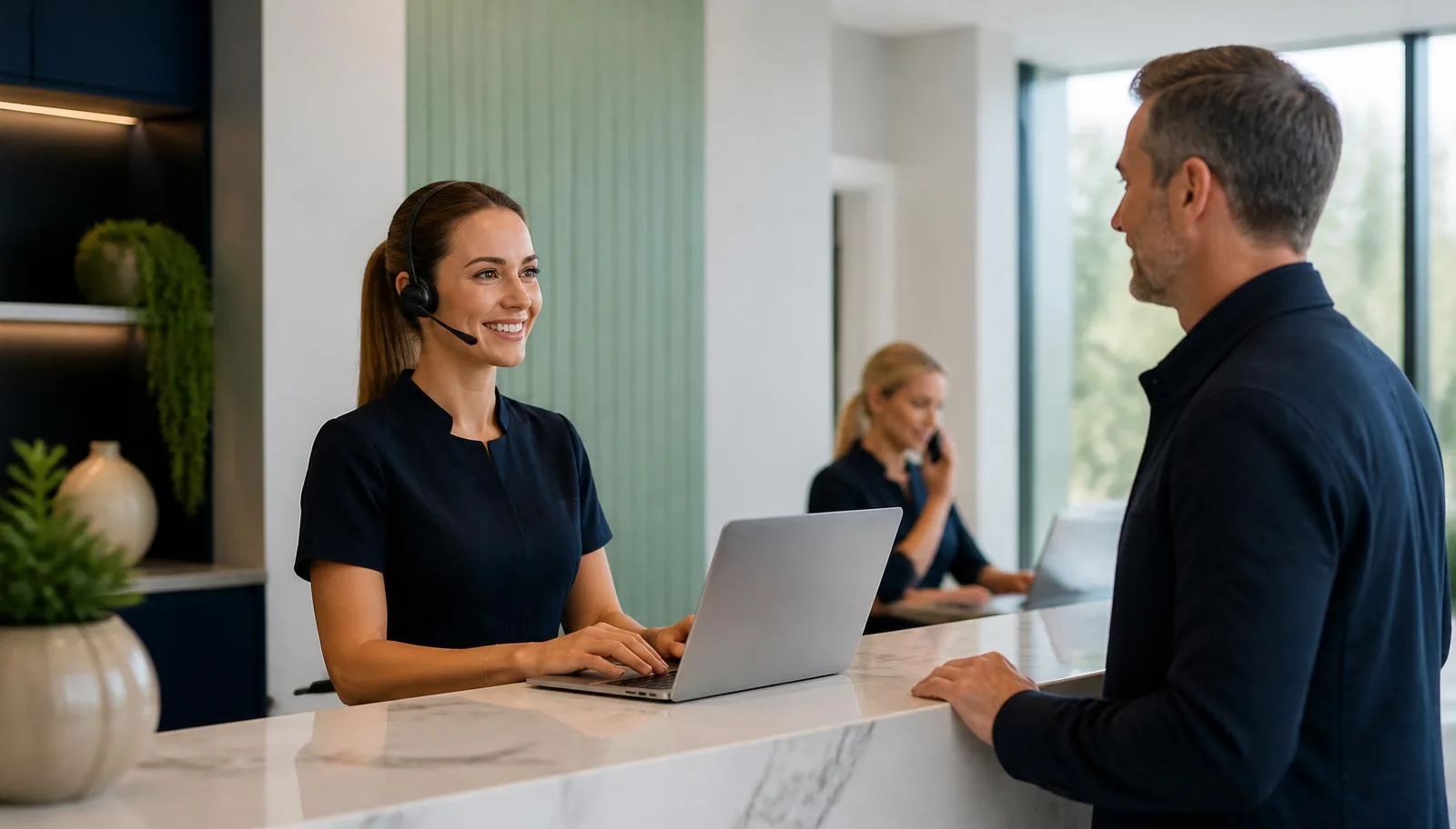 Dental receptionist managing patient enquiries and telephone calls at a busy dental practice