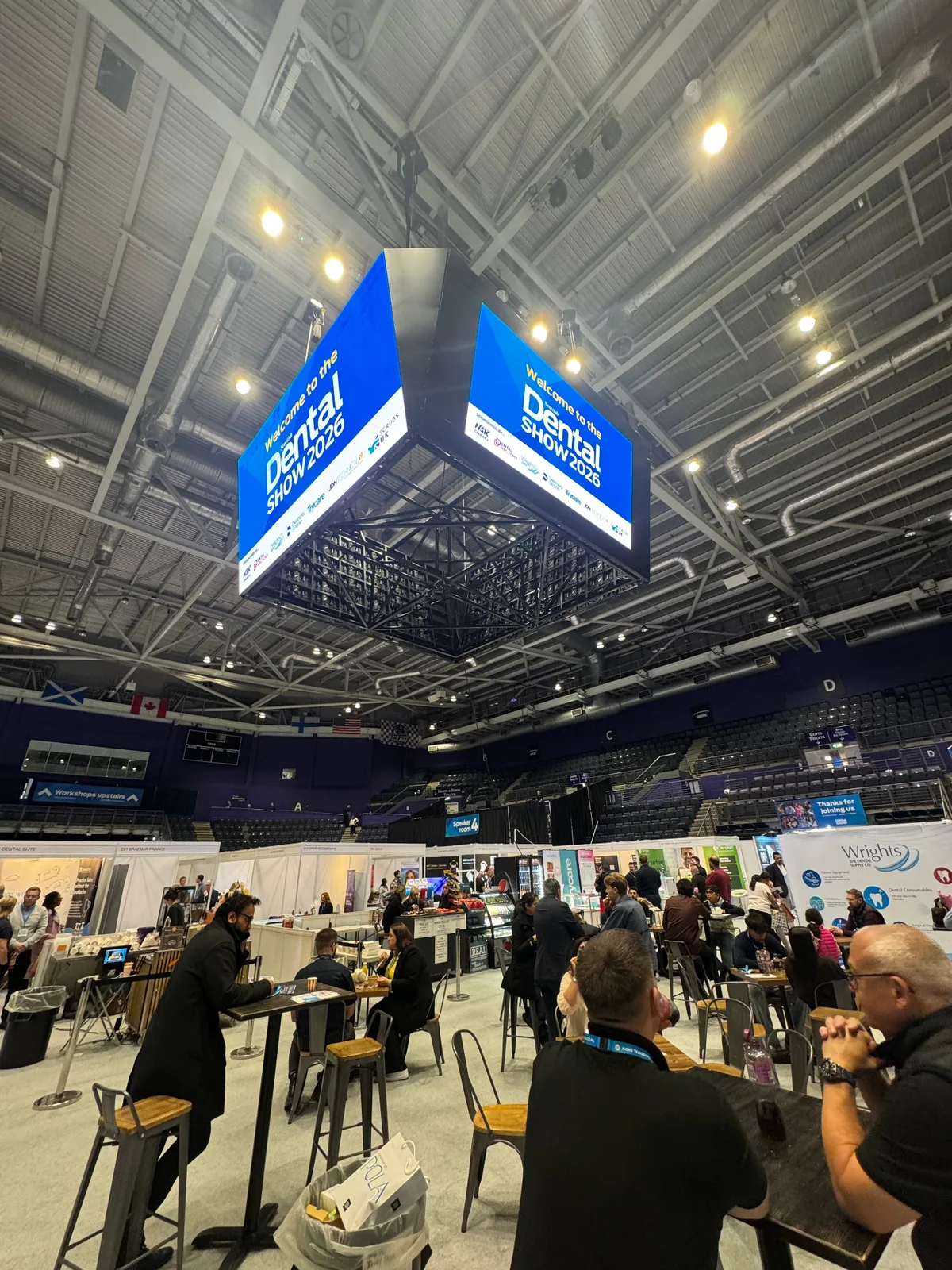 Scottish Dental Show 2026 main hall and welcome screens at the Emirates Arena