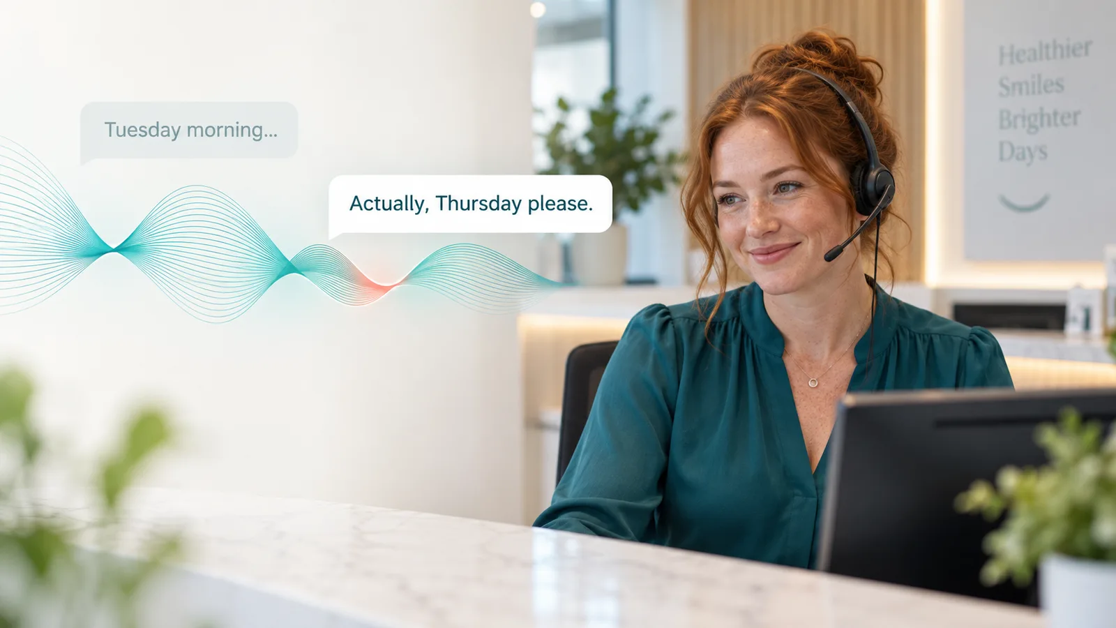 Dental receptionist with speech bubbles showing a caller changing an appointment from Tuesday to Thursday.