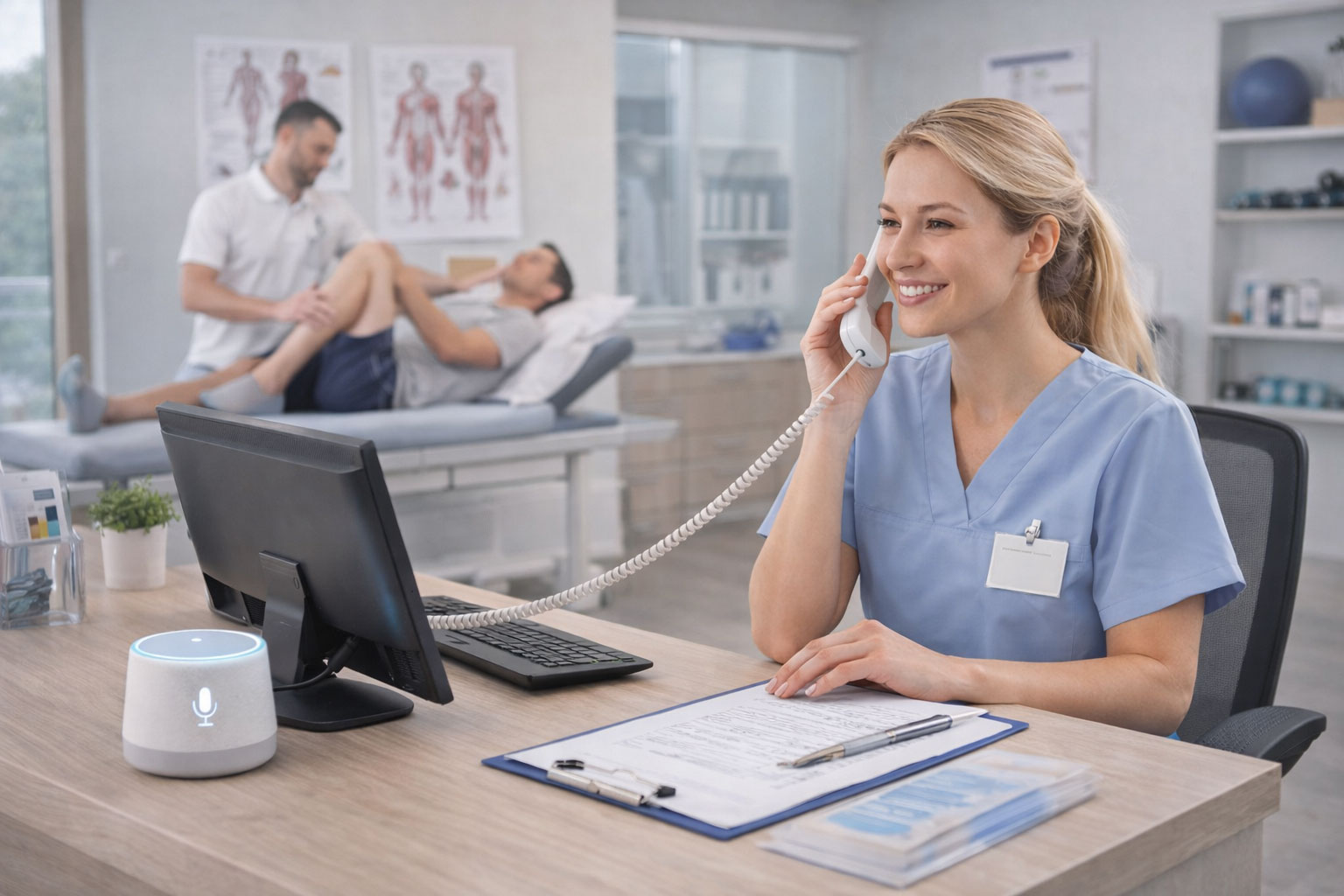 Physiotherapist receptionist welcoming a patient in a modern physiotherapy clinic