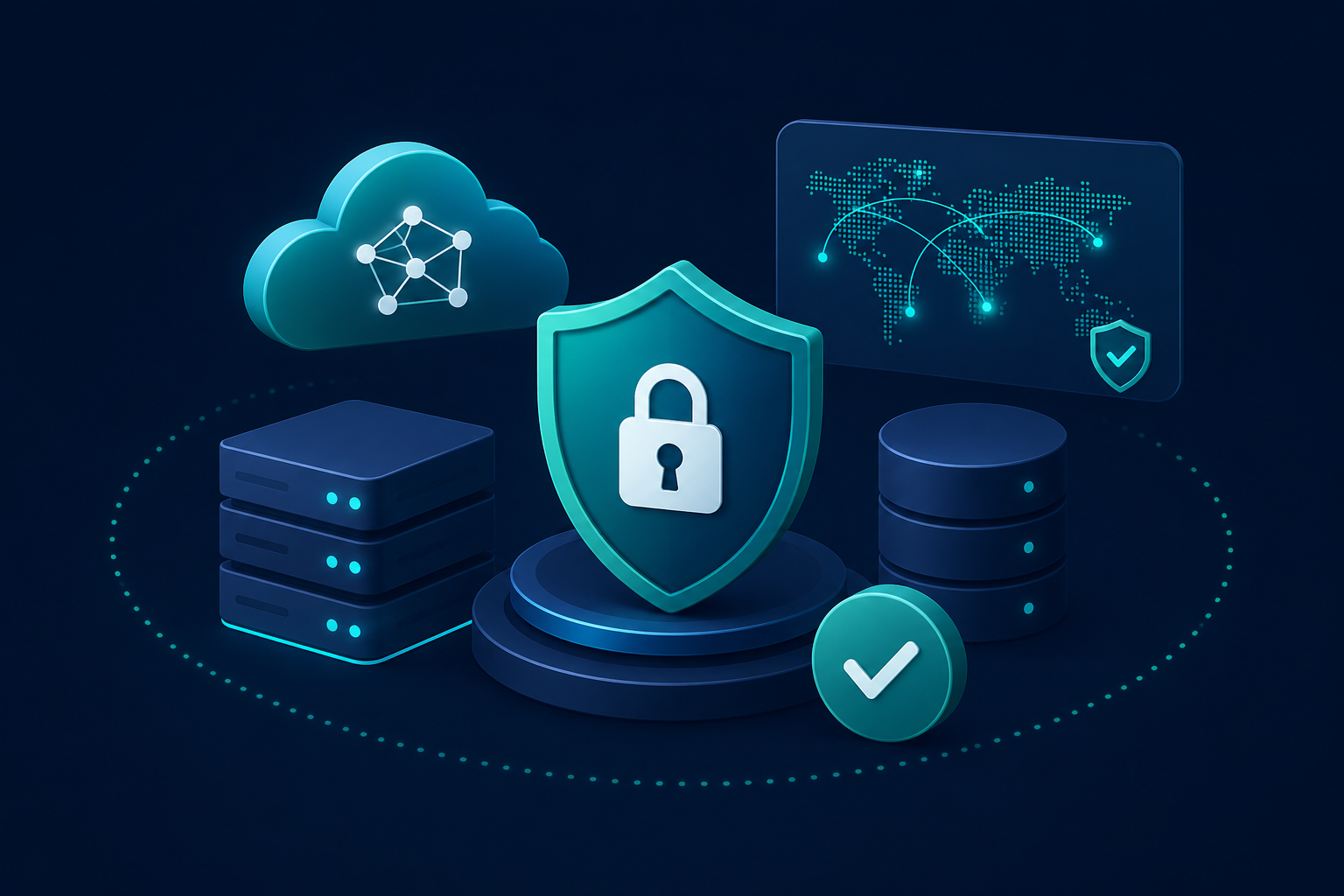 3D cybersecurity illustration with shield, padlock, cloud network, servers and global data map representing healthcare cybersecurity controls