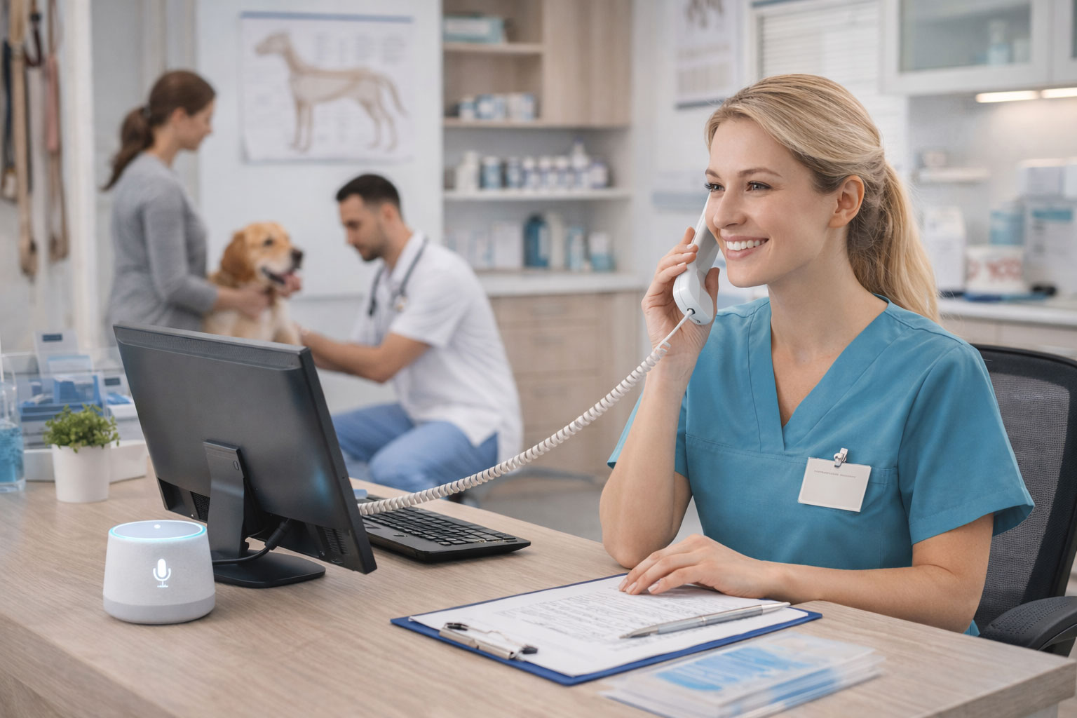 Veterinary receptionist speaking with a pet owner while a vet examines a dog