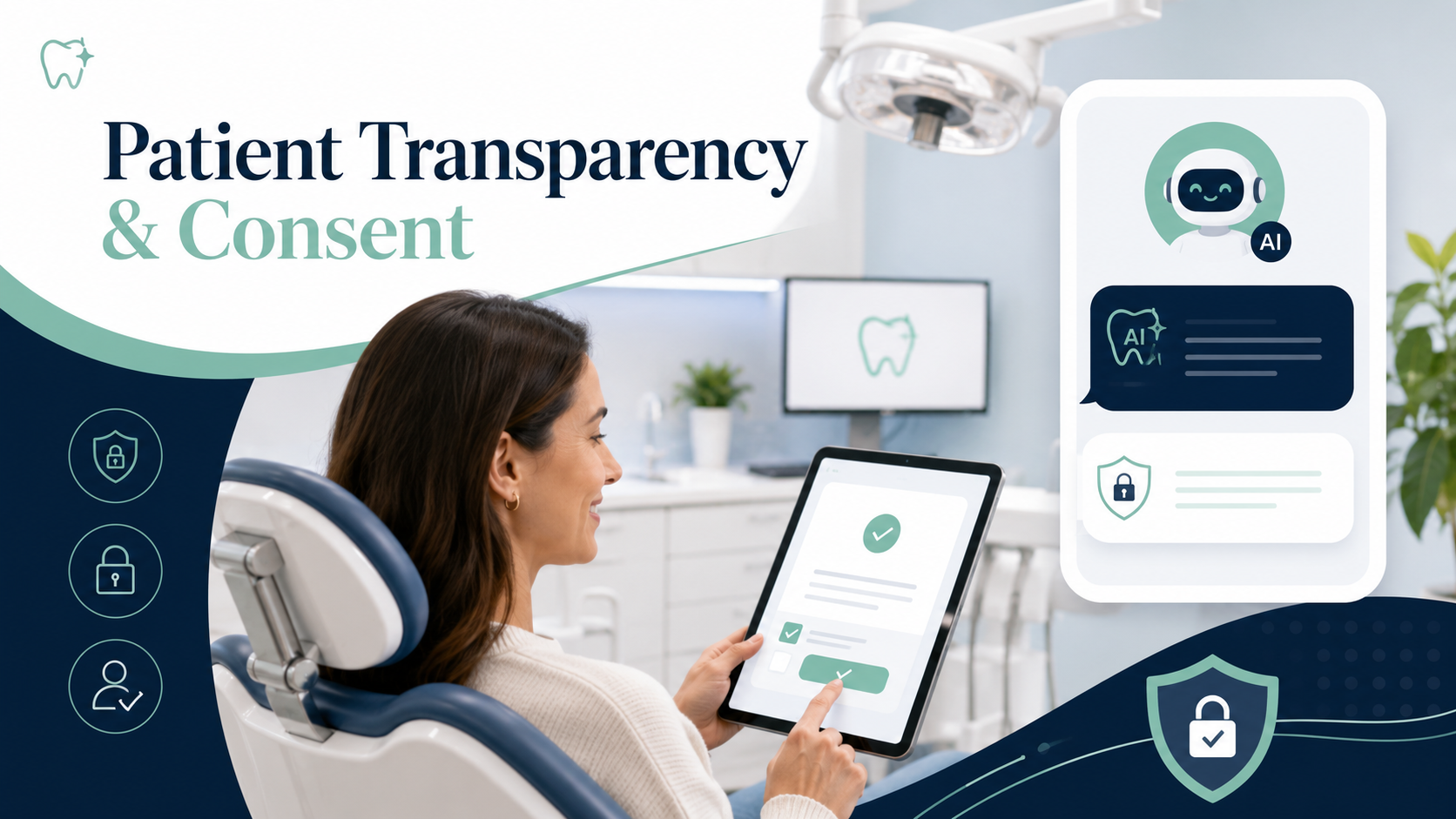 Patient in a dental chair reviewing an AI consent form on a tablet, with chatbot and privacy shield icons illustrating transparent AI communication