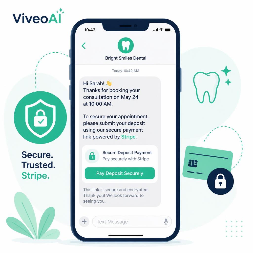 ViveoAI dental AI receptionist sending a secure Stripe deposit-payment link for a dental consultation