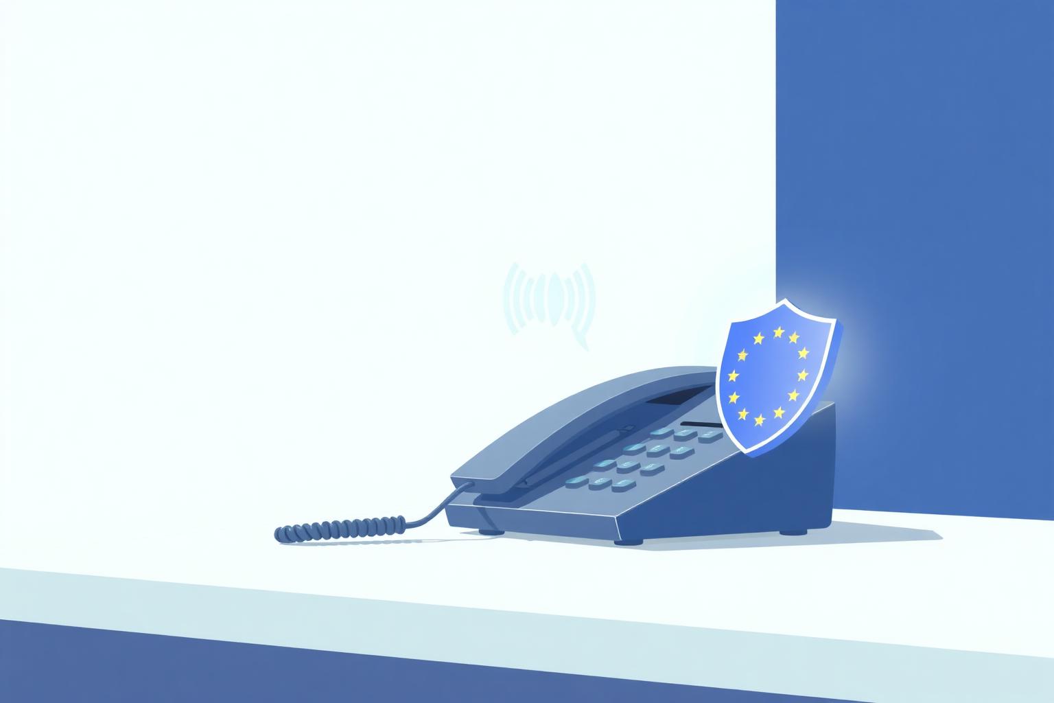 A dental practice reception phone with a voice waveform and an EU transparency shield, illustrating AI disclosure under the EU AI Act