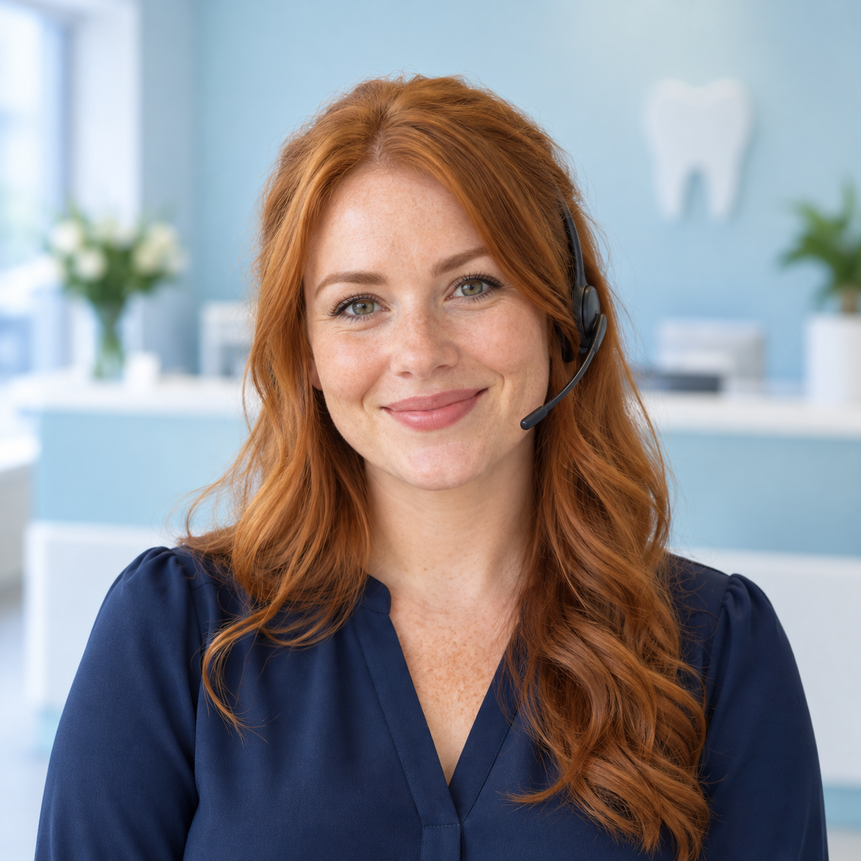 Fiona, our fictional AI receptionist, with red hair and a welcoming smile