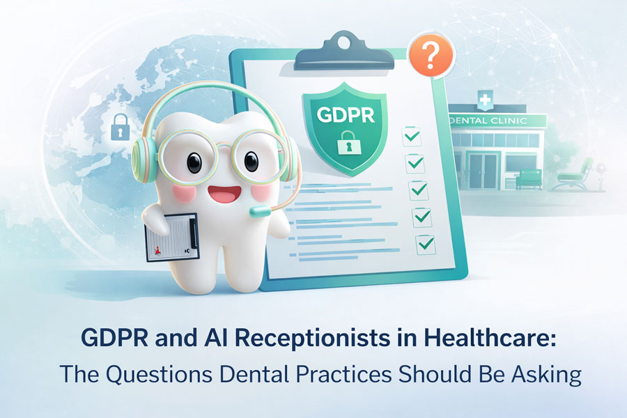 GDPR and AI Receptionists in Healthcare - tooth mascot with GDPR compliance checklist for dental practices