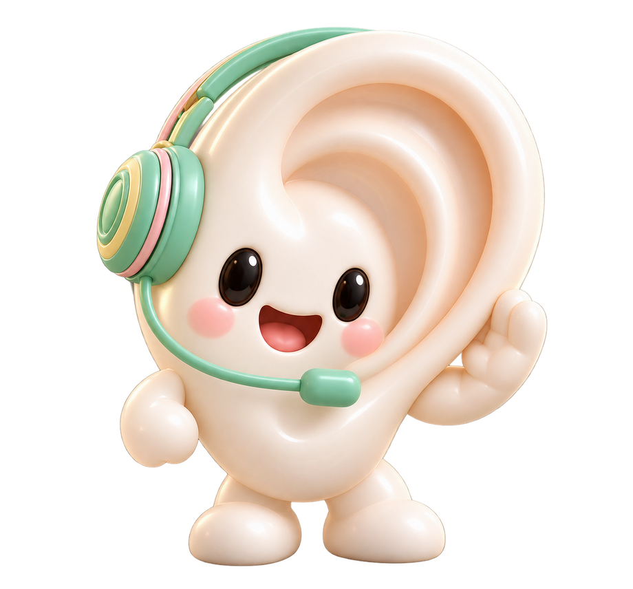 ViveoAI audiology receptionist ear mascot wearing a headset
