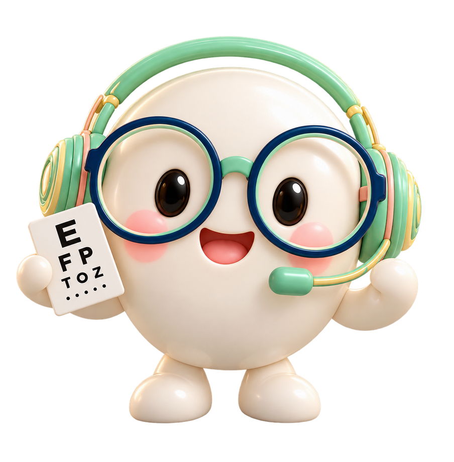ViveoAI optometry receptionist mascot with spectacles and an eye chart