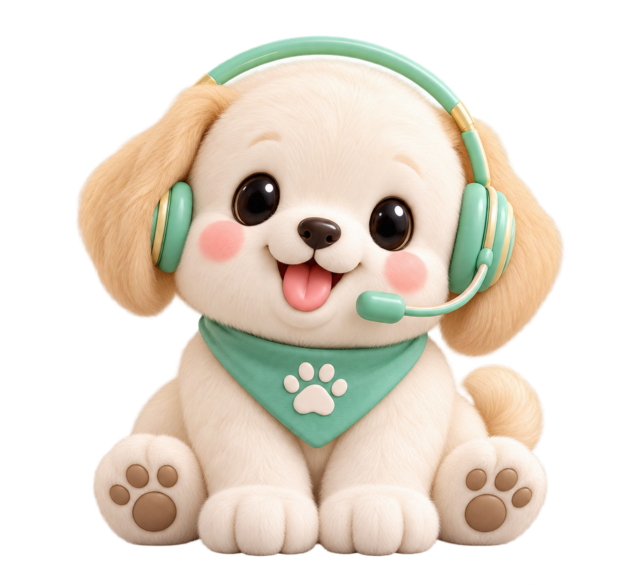 ViveoAI veterinary receptionist puppy mascot wearing a headset