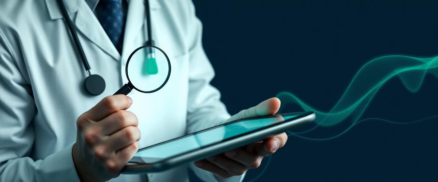Clinician reviewing AI-generated dental record on a tablet with transcription waveform