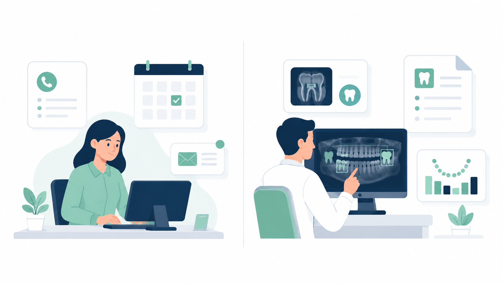 Modern dental practice reception with AI call handling interface overlay