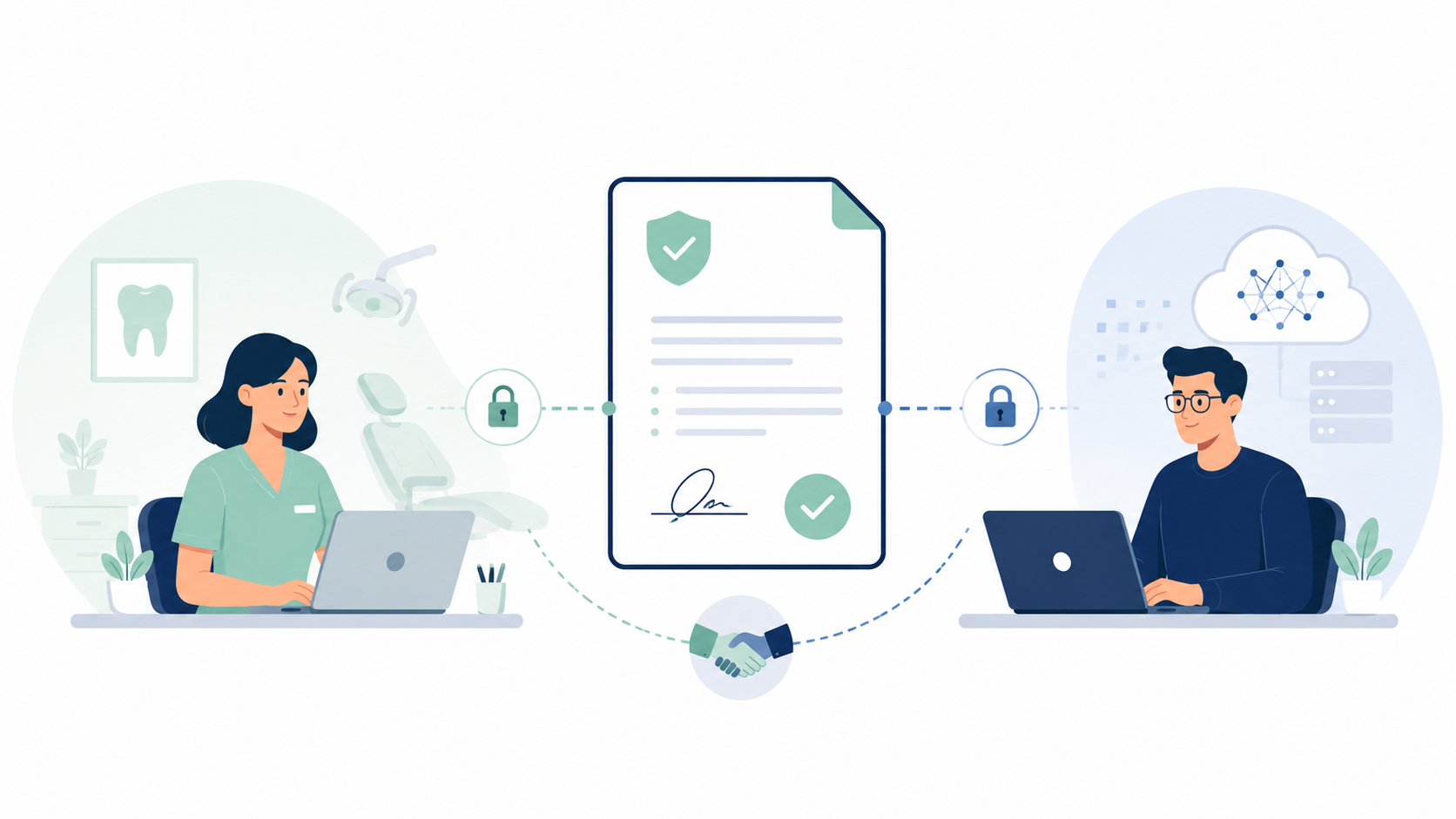 Dental practice and AI vendor connected by a secure data processing agreement document with lock icons