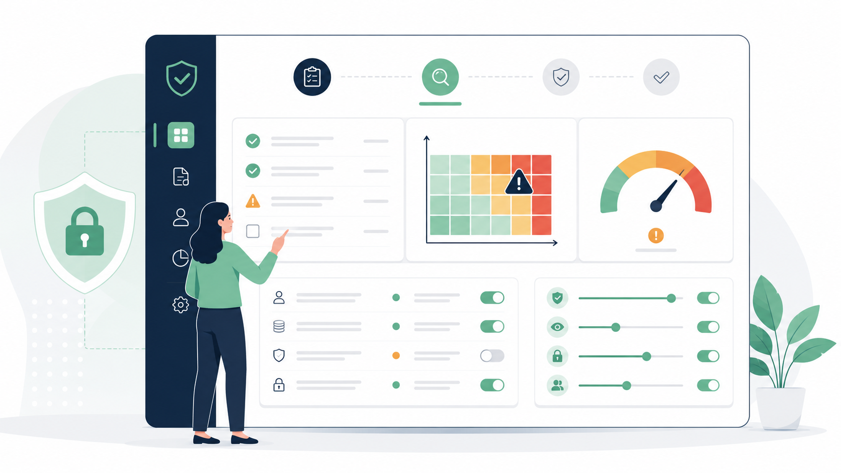 Clinician reviewing a data protection impact assessment dashboard with risk heatmap, compliance checklist and control toggles