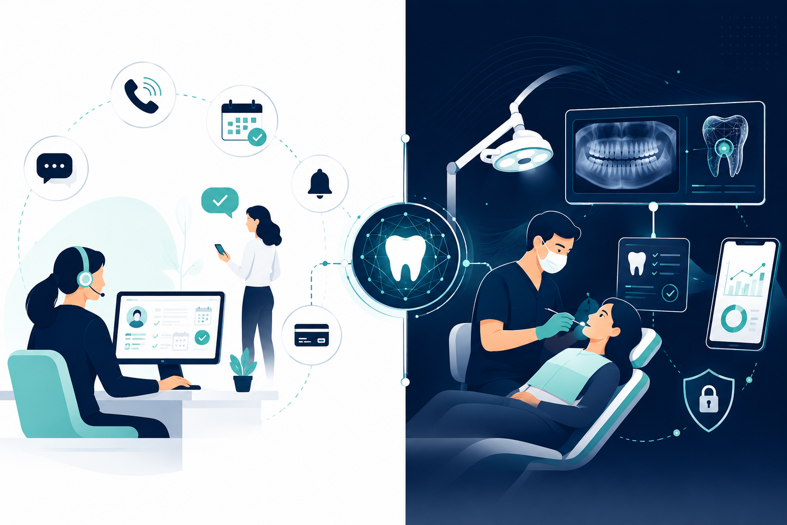 Split illustration showing administrative AI call handling on the left and clinical AI dental treatment on the right